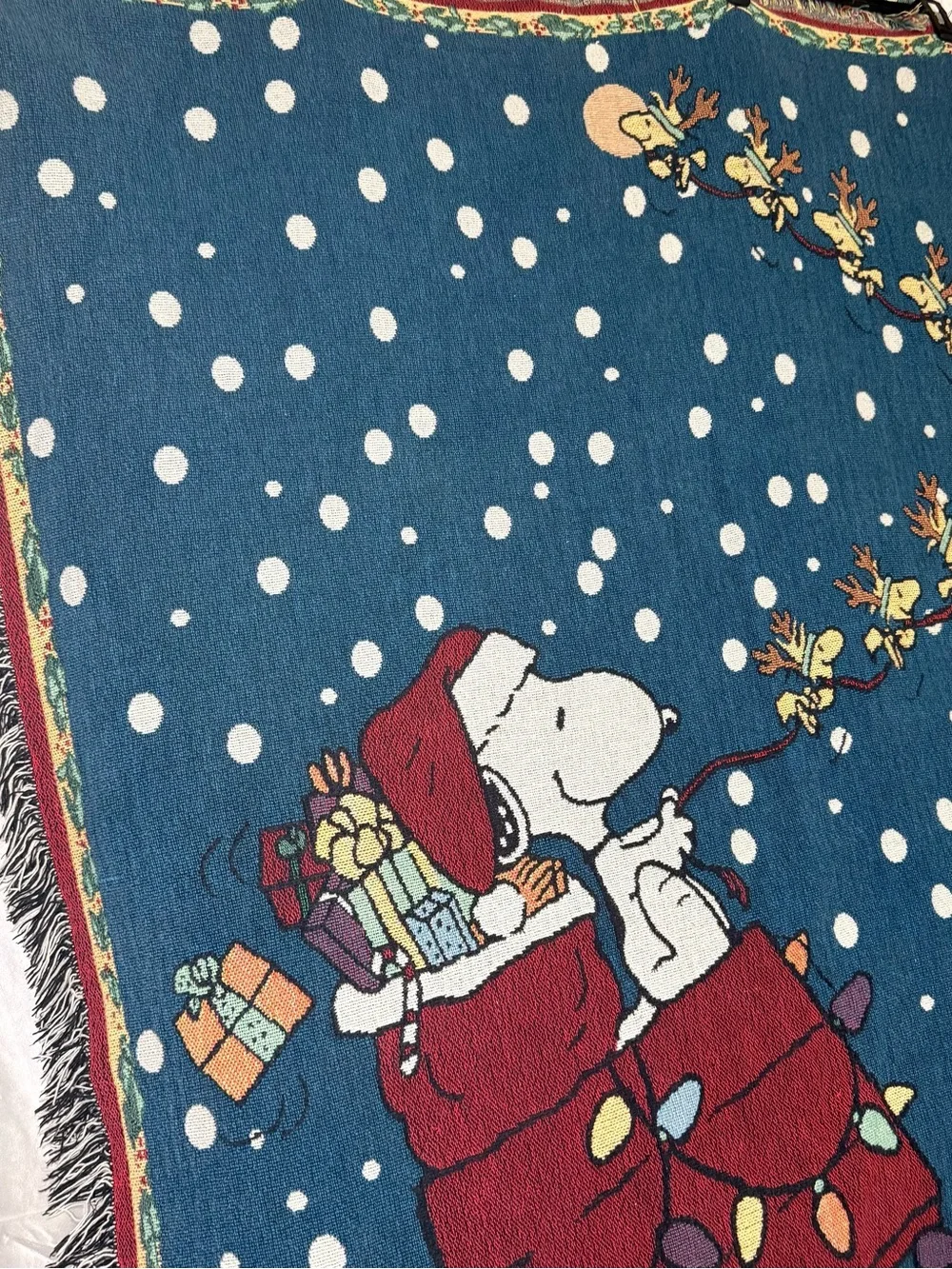 VTG Peanuts Snoopy Christmas Woven Tapestry/Thrw/Blankt Fringe Holiday Woodstock